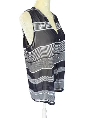 Gap blue and white striped sheer sleeveless v-neck top blouse women's medium thumbnail 2