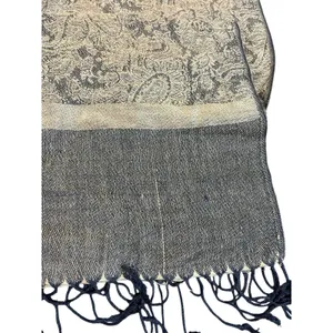 Pashmina Silk Blend Shawl Wrap Scarf Tan Black Paisley Jacquard Fringe Elegant thumbnail 9
