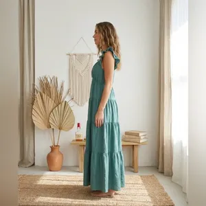 Davi & Dani Boho Minimalist Tiered Maxi Dress Teal Blue Flutter Sleeve Large thumbnail 2