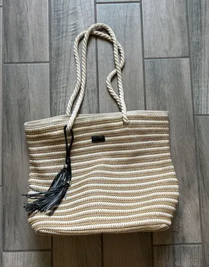 Rip Curl Beige and White Striped Rope Tote with Black Tassel thumbnail 1