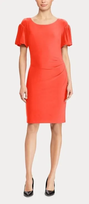 NWT Lauren Ralph Lauren Coral Puff Sleeve Ruched‎ Sheath Dress Minimalist Career thumbnail 1