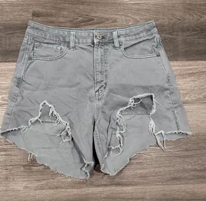 American Eagle Women’s Grey Denim Distressed Cut Off High Rise Mom Short Size 8 thumbnail 1