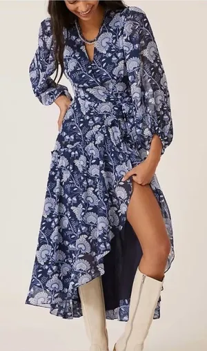 Anthropologie Hutch Navy Floral Wrap Midi Dress Small Cottagecore Boho Romantic thumbnail 1