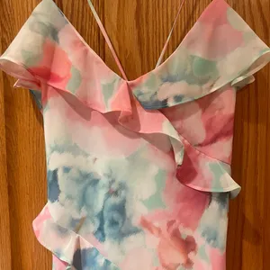 ZARA Watercolor Floral Printed Ruffle‎ Lined Mini Dress Pink Blue Green Sz Small thumbnail 14