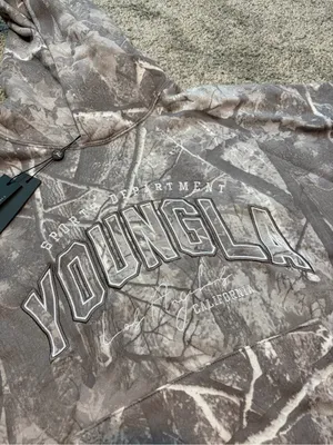 YoungLA Women’s Grey Camo Layover Hoodie Size Small Oversized NEW thumbnail 4