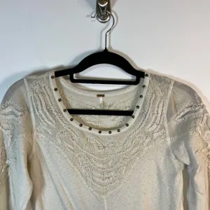 Free People Ivory Embroidered Mesh Studded Long Sleeve‎ Thermal Top Size M boho thumbnail 2