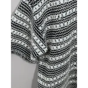 LOFT Womens Large Black White Striped Textured Knit Fringe Short Sleeve‎ Blouse thumbnail 2