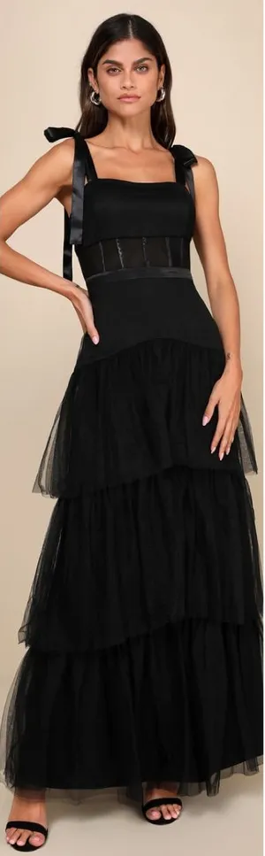Lulus Enticing Mystique Black Tulle Tie-Strap Tiered Maxi Dress Size Small NWT thumbnail 1