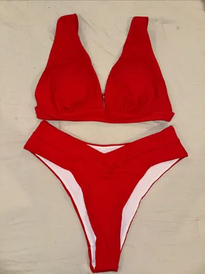 SHEIN Red V-Front Ribbed Bikini Set thumbnail 1
