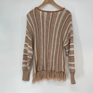 BKE Striped Knit Sweater Fringed Brown Beige Boho Casual S Slouchy Boxy Cozy‎ thumbnail 3