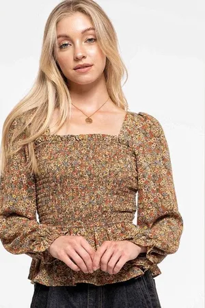 Papaya Floral Top Cross Back Ruffle Square Neck Smocked Medium thumbnail 1