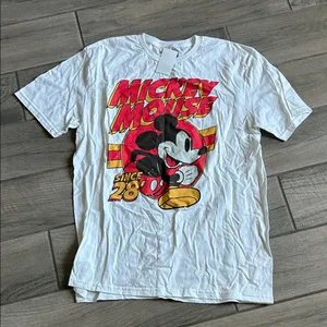 Disney White Mickey Mouse Graphic Tee with Red and Yellow Artwork thumbnail 1