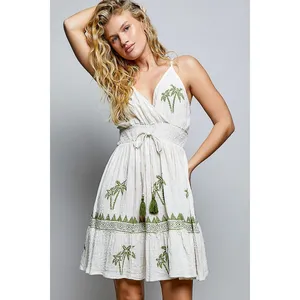 POL Palm Tree Print Wrap Bodice Smocked Waist Ruffle Hem Dress - Medium thumbnail 4