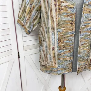 Chicos Shirred Cut Away Art To Wear Short Sleeve V Neck Jacket Tan Multi‎ Large thumbnail 6