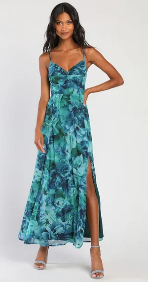 NWT Lulus Beautiful Soul Teal Green Floral Print Twist-Front Maxi Dress Size S thumbnail 1