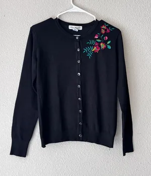 Merona Black Cardigan with Pink & Green Floral Embroidery thumbnail 1