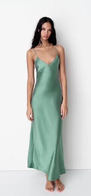 Zara Dress wedding emerald green Slip Midi Satin Effect Maxi Coctail Party thumbnail 13
