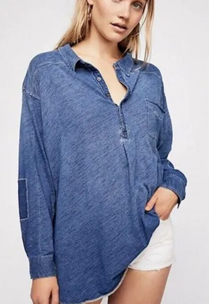 We The Free Oversized Blue 100% Cotton Love This Henley Top - Size - Small thumbnail 1