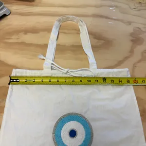 Buggy Cotton Tote Bag Embroidered Evil Eye Drawstring Tassel Blue Silver White thumbnail 6