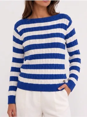 NEW Ralph Lauren Cable Knit Striped Blue Sweater Size Medium Womens NWT Boatneck thumbnail 1