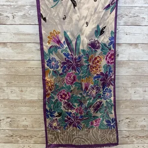 Vintage 80s Oscar de la Renta Silk Scarf Fringe Floral Purple & Teal Japan 52x11 thumbnail 4