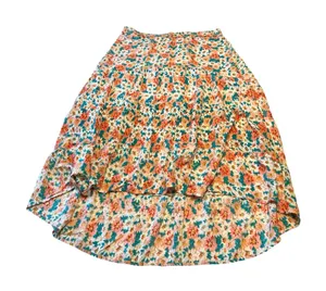 Floral Daisy‎ Tiered High Low Midi Skirt Orange Pink Teal Viscose XL thumbnail 1