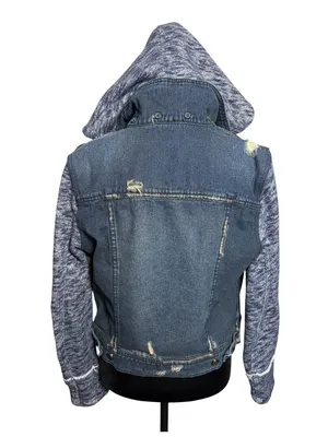 Free People Distressed Denim Jean Jacket W/ Knit Sleeves & Hood thumbnail 2
