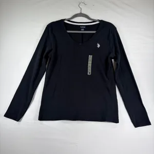 US Polo Assn Womens Black V-Neck Long‎ Sleeve Cotton T-Shirt Logo Large Capsule thumbnail 2