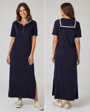 VTG Lauren Ralph Lauren Old Money Marine Ribbed Knit Cotton Maxi Dress Navy S thumbnail 2