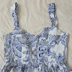 Zara White & Blue Linen Blend Paisley Patterned Fit & Flare Summer Dress Size XS thumbnail 3