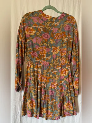 Entro Floral Boho Drawstring Waist Dress – Size M V‑Neck Long Sleeve thumbnail 2