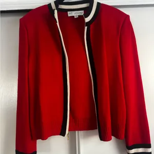 St. John Collection Red Knit Open-Front Jacket with Black and Cream Trim thumbnail 3