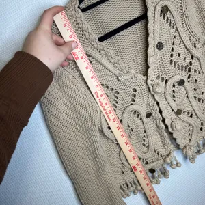 Unique Beige Knit Cardigan Sweater Buttons Fringe Tassel Boho‎ thumbnail 6