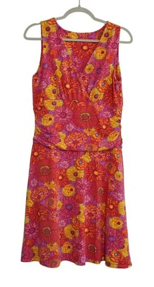 Garnet Hill Medium Midi Dress Pink Orange Floral Sleeveless Faux‎ Wrap Ruched thumbnail 1