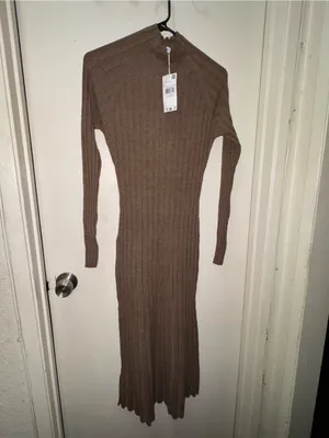 Mango Ribbed Long-Sleeve Midi Dress in Brown thumbnail 4