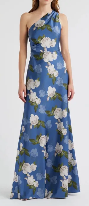 NEW Sachin & Babi Delphine Floral Print Blue One-Shoulder Gow SIZE 2 thumbnail 1