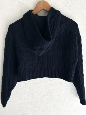 Aritzia Sunday Best Octavia Zip Hoodie Navy Cable Knit Wool XS Cropped Fisherman thumbnail 3