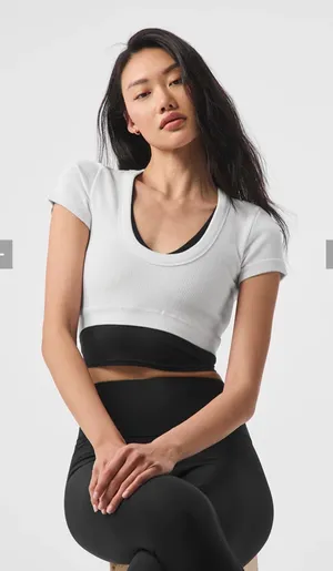 ALO Yoga Seamless Ribbed Cropped Serene Short Sleeve Top in White Size XS thumbnail 1