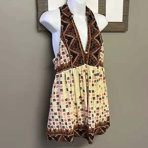 Free People Sleeveless Collared Boho Flowy Key Hole Tank V-Neck Tunic- Medium thumbnail 3