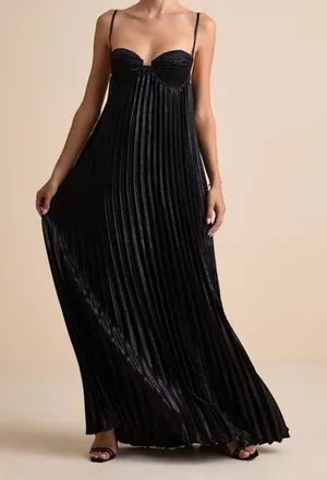 NEW Lulus Brilliant Allure Black Pleated Empire Sweetheart Maxi Dress Small thumbnail 1