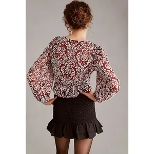 By‎ Anthropologie Jacquard Peasant Blouse Women's Blouse Wine M Ruffle Peplum thumbnail 5