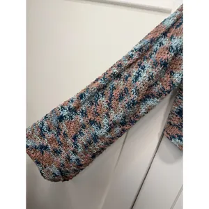 Handmade Chunky Knit Boat Neck Sweater Blue Pink Marled Bell Sleeve Pullover thumbnail 3