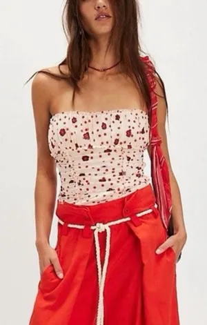 Free People Cream Scottie Printed Tube Sleeveless Top Stretchy Sz L BarbieCore thumbnail 1