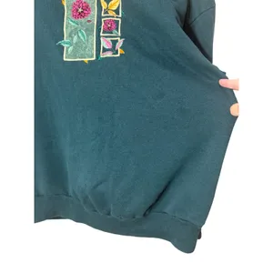 Vintage Top Stitch Morning Sun Forest Green Floral Embroidered Polo Sweatshirt L thumbnail 3