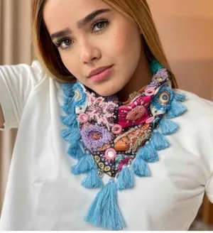 Embroidered Boho Western bandana -Colombian scarf. Multicolors with starts thumbnail 3