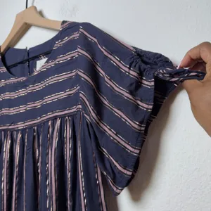 Anthropologie‎ Women Cotton Cameron Tie Sleeve Blouse XS Navy Gold Striped Top thumbnail 4