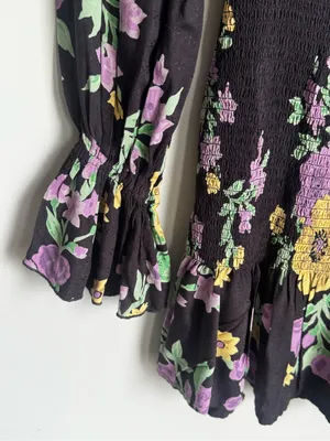 Urban Outfitters Leandra Smocked Mini Dress Black Purple Floral Long Sleeve Sz M thumbnail 3