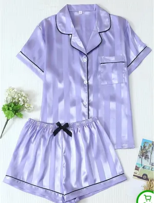 Boutique Women’s 2pcs Satin Striped Pajama Set with Short-sleeve Lapel Top and Bow Shorts thumbnail 1