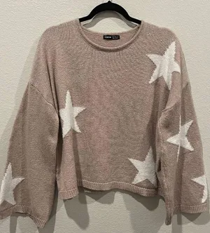 SheIn Star Long Sleeve Soft Tan Sweater thumbnail 1