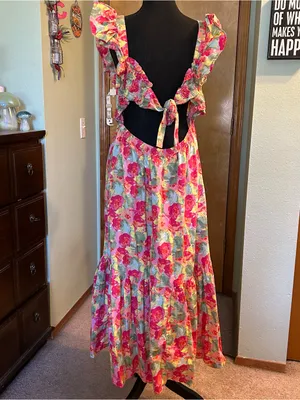 Peyton & Parker pink floral tiered maxi dress tie back design open back ruffle L thumbnail 3